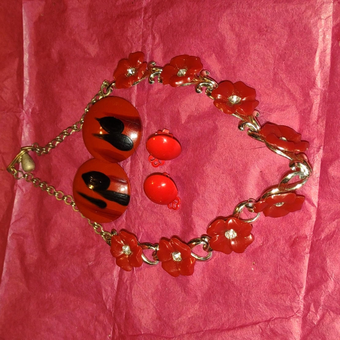 Vintage Celluloid Flower And Silver Chain Necklace With Red And Black Ea
